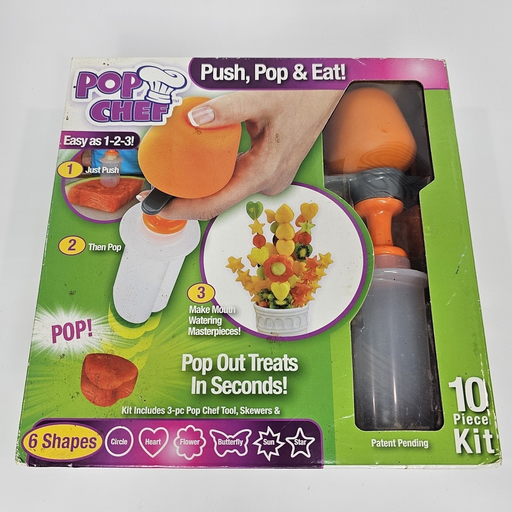 Pop Chef 10 pc Push Pop & Eat Kit  NEW  6 Shapes  As Seen On TV  Fruit Kabob